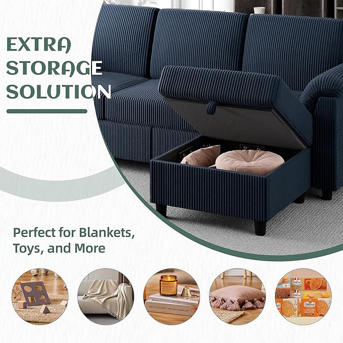 Vongrasig 79" Convertible Sectional Couches Sofa with Storage Ottoman, 3 Seat L Shaped Couch with Side Storage Pockage, Small Couches for Living Room, Apartment and Small Space, Dark Blue