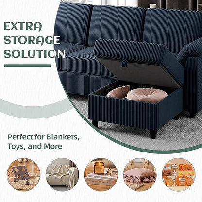 Vongrasig Convertible Sectional Sofa Couch, 3 Seat L Shaped Sofa with Removable Pillows Soft Corduroy Fabric Small Couch Mid Century for Living Room, Apartment and Office (Blue)