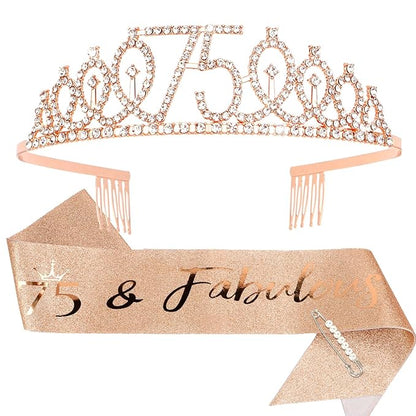 CIEHER 75th Birthday Gift Set - Crown, Sash, Pearl Pin, Decorations and Party Supplies for Women's Fabulous 75th Celebration