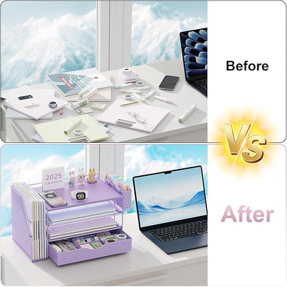 gianotter Wood Desk Organizers and Accessories with File Holder, 4-Tier Desk Accessories & Workspace Organizers with Drawer and Pen Holder, Paper Organizer for Office Supplies (Purple)
