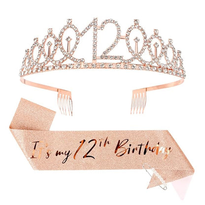 CIEHER 12th Birthday Crown + 12th Birthday Sash + Pearl Pin Set, It's My 12th Birthday Sash, 12 Birthday Tiara, 12th Birthday Decorations for Girls, 12th Birthday Gifts