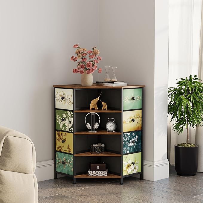 LUMTOK 8 Drawers Corner Dresser with Storage Fabric Drawers and Open Shelves for Small Space，Bedroom，Entryway，Living Room (Retro Pattern)