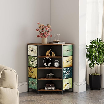 LUMTOK 8 Drawers Corner Dresser with Storage Fabric Drawers and Open Shelves for Small Space，Bedroom，Entryway，Living Room (Retro Pattern)