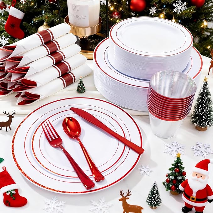WELLIFE 350 Pcs Red Plastic Plates for 50 Guests - Plastic Dinnerware Set,Christmas Party Supplies Includes 100 Red Disposable Plates,150 Silverware,50 Napkins,50 Cups,Christmas plastic plates
