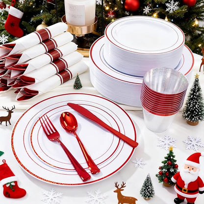 WELLIFE 350 Pcs Red Plastic Plates for 50 Guests - Plastic Dinnerware Set,Christmas Party Supplies Includes 100 Red Disposable Plates,150 Silverware,50 Napkins,50 Cups,Christmas plastic plates