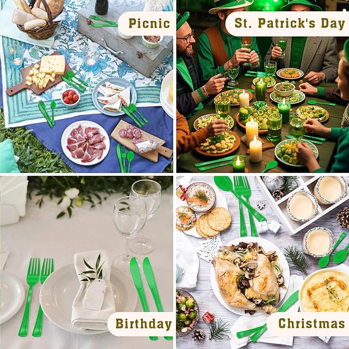 150 Pack Green Plastic Silverware, Green Utensils, Disposable Plastic Cutlery Set Include 50 Forks, 50 Knives, 50 Spoons for St Patrick's Day, Birthday, Graduation Party