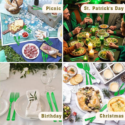 150 Pack Green Plastic Silverware, Green Utensils, Disposable Plastic Cutlery Set Include 50 Forks, 50 Knives, 50 Spoons for St Patrick's Day, Birthday, Graduation Party