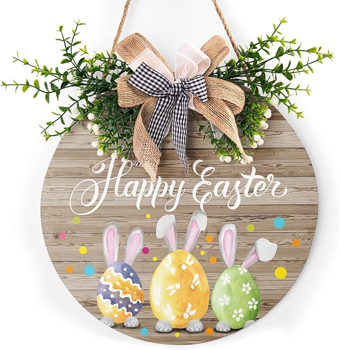 Happy Easter Wooden Hanging Sign Easter Colorful Eggs Bunny Sign Door Decoration Rustic Easter Wood Wreath Sign for Easter Spring Holiday Front Door Wall Rustic Farmhouse Porch Decor 12 x 12 Inch