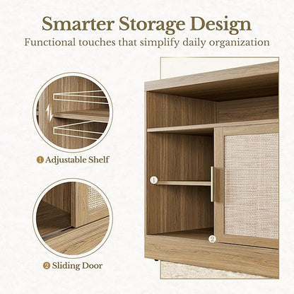 Rattan File Cabinet with Door, 32'' Lateral File Cabinet with Open Adjustable Shelves, Wood Filing Cabinet with Sliding Door for Home Office, Natural Oak