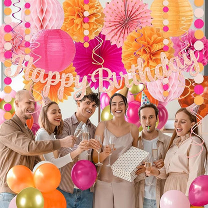 Hot-Pink Orange Birthday Decoration for Women Girl, Fall Peach Burnt-Orange Gold Balloon Décor-Happy Banner, Streamers Lanterns Honeycomb, Tissue Flowers Pom Poms Fan, Boho Sunset Autumn Party Décor