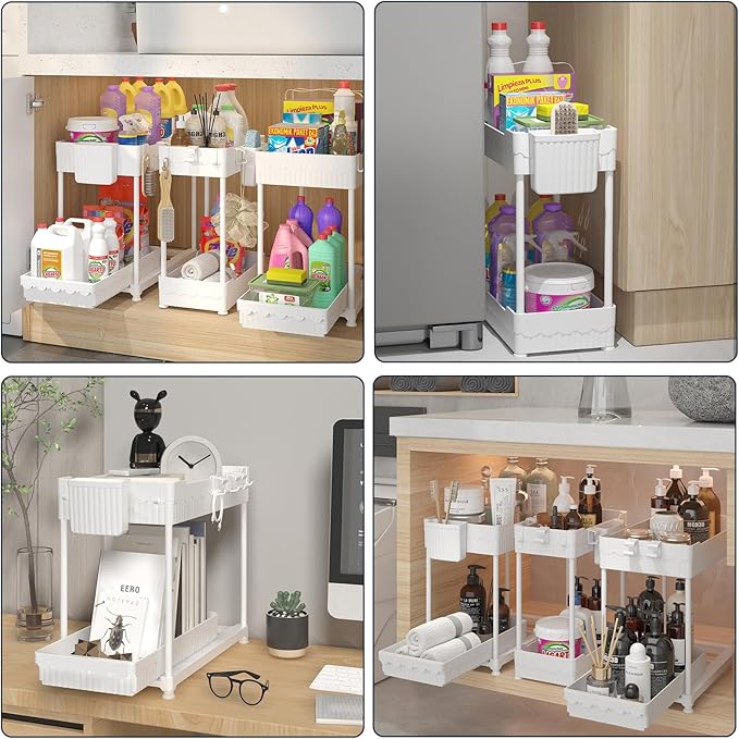 3 Pack Under Sink Organizers, 2-Tier Multi-Use Kitchen and Bathroom Organizers and Storage with Sliding Drawers, Bathroom Cabinet Organizer (White, 14.8 Inch)