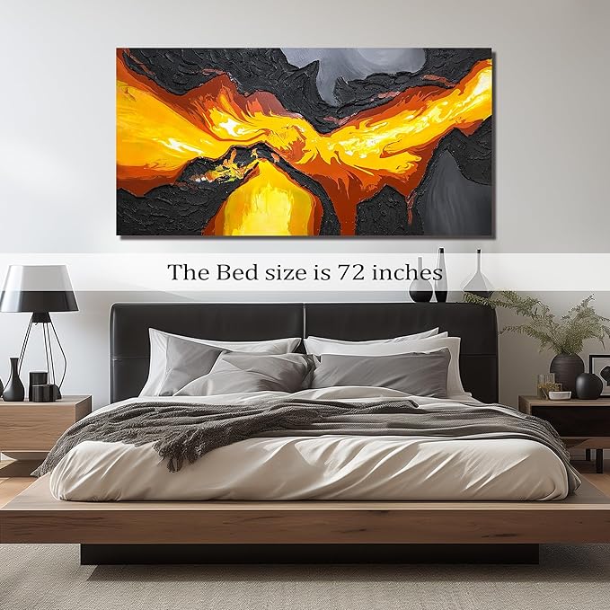 GUGIKA Extra Large Abstract Wall Art for Living Room, Hand Painted 3D Textured Magma Paintings, Black and Gold Yellow Volcanic Lava Canvas Wall-Decor for Bedroom, Size 80x40 Inches