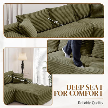 95" L Shaped Boneless Sectional Couches, Wide Armrest, Deep Seat, Memory Foam, Assembly Free, Modern Comfy Corduroy Fluffy Cloud Sofa with Right Chaise for Living Room, Small Spaces, Green