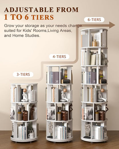 6-Tier Solid Wood Rotating Bookshelf on Wheels, 360° Spinning Book Shelf Tower, Round Revolving Bookcase Organizer, Rolling Bookshelves for Small Spaces, Corner, Bedroom, Kids Room, Office, White
