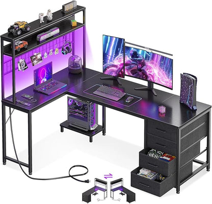 AODK L Shaped Desk Gaming Desk with LED Light & Power Outlet, 59 Inch Reversible L Shaped Computer Table with 4 Drawers for Home Office, Black