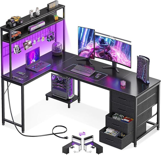 AODK L Shaped Desk Gaming Desk with LED Light & Power Outlet, 59 Inch Reversible L Shaped Computer Table with 4 Drawers for Home Office, Black