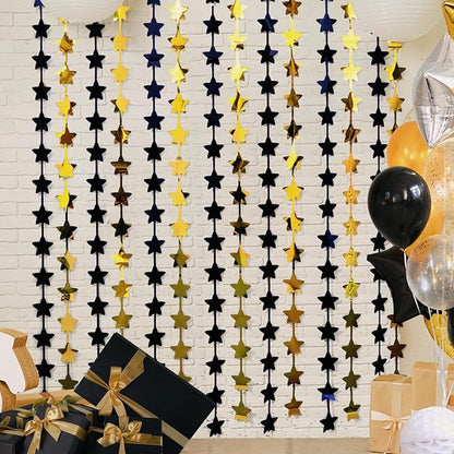 LOLStar Black and Gold Star Birthday Party Decorations 2Pack 3.3X6.6 ft Golden Photo Booth Props Backdrop Streamers Star Foil Fringe Curtains for New Year 2026 Decor Men Black Yellow Party Supplies