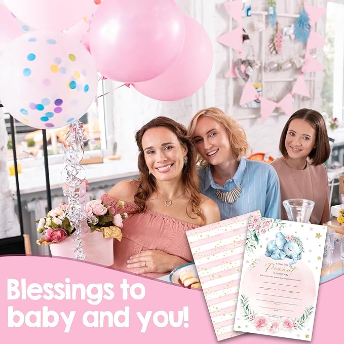 25 Pink Baby Shower Invitations - A Sweet Little Peanut Is On The Way - Cute Little Elephant And Pink Flowers Invites With Envelopes For Boy Girl, Gender Reveal, Baby Shower Favor And Decorations-A07