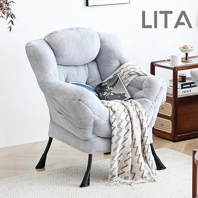 LITA Lazy Chair with Armrests and Side Pocket, Modern Upholstered Accent Reading Chair for Living Room, Bedroom, Dorm, Small Spaces, Single Plush Grey