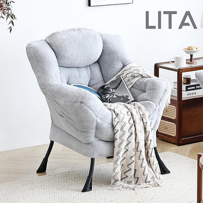 LITA Lazy Chair with Armrests and Side Pocket, Modern Upholstered Accent Reading Chair for Living Room, Bedroom, Dorm, Small Spaces, Single Plush Grey