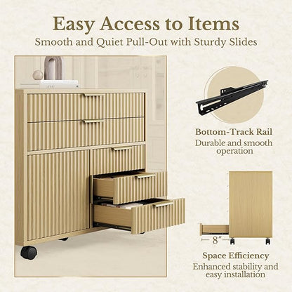 Fluted File Cabinet with 5 Drawers, Large Storage with Cabinet Door, Mobile Filing Cabinet with Locable Wheels for Home Office, Light Walnut