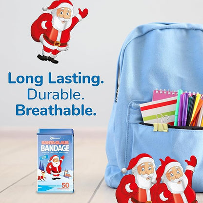 BioSwiss Kids Bandages, Christmas Santa Claus Shaped Self Adhesive Bandage Set, Latex Free, Sterile Wound Care, 50 Count