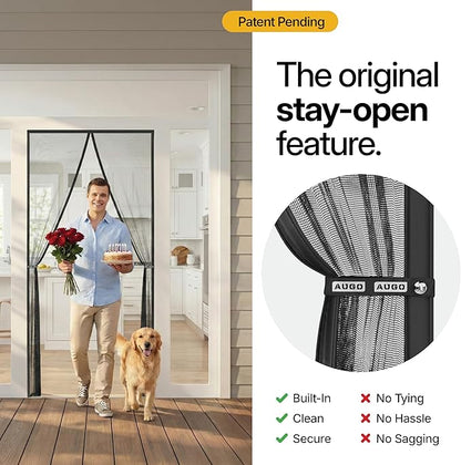 AUGO Magnetic Fiberglass Screen Door - Self Sealing, Heavy Duty, Hands Free Mesh Partition Keeps Bugs Out - Door Screen Magnetic Closure - Patent Pending Keep Open Feature - 34 Inch x 81 Inch