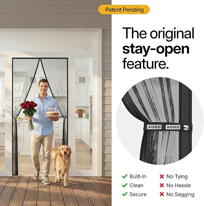 AUGO Heavy Duty Magnetic Screen Door Mesh– Premium Reinforced Fiberglass Mesh, Pet & Kid Friendly, Tear Resistant Hands-Free Self Sealing Closure, Keep Open Feature – 38" x 83"