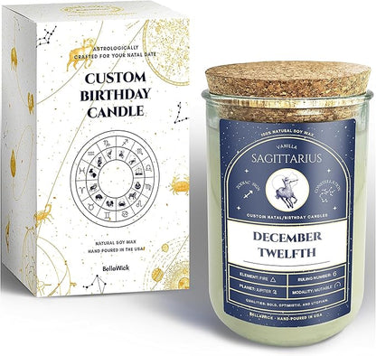 Birthday Candles - Custom Birthdate Astrological Zodiac Scented Candles. Astrology Gifts. All Natural Soy Wax. 75+ Hour Burn Time. Made in USA - December 12