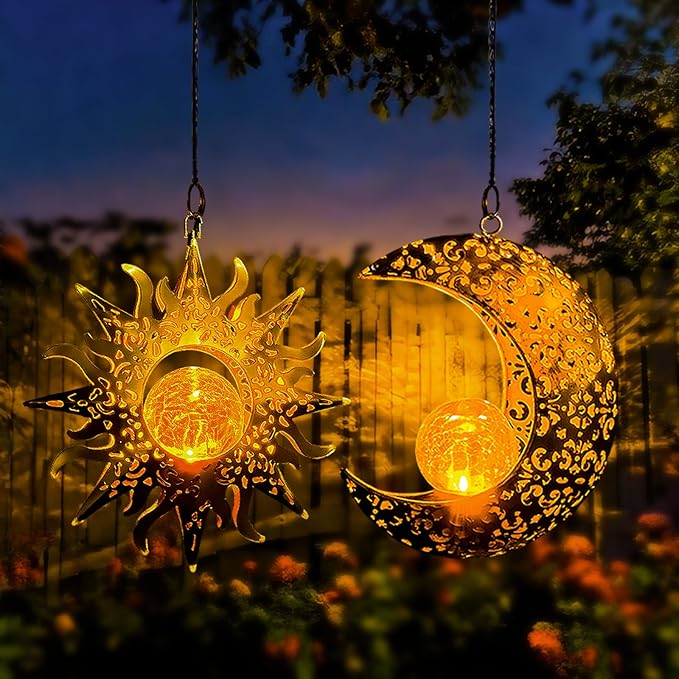 Solar Hanging Sun and Moon Lights Garden Outside Decor,2 Pack Metal Lanterns Outdoor Sunflower Art Decorations for Porch Backyard Patio Wall Tree,Unique Gardening Gifts for Women Mom Grandma
