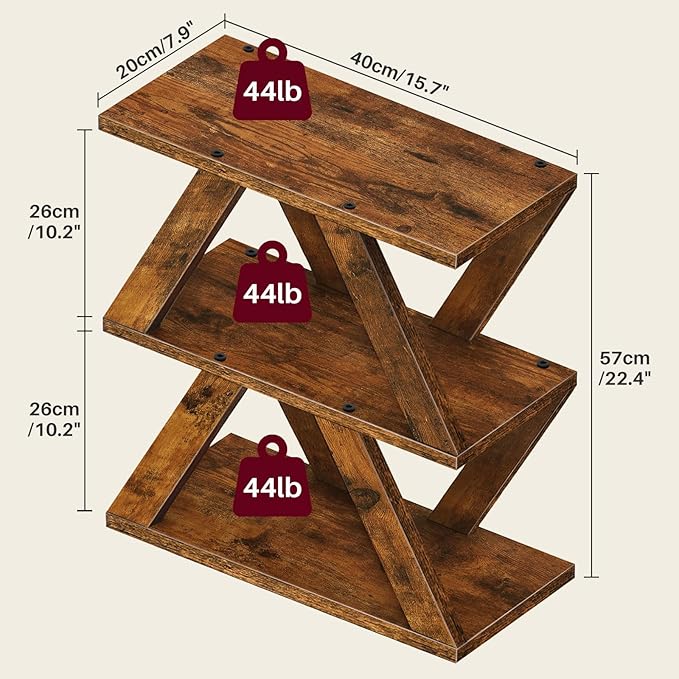 3 Tier Side Table with Side Guard Rails & Anti-Slip Pads, Narrow End Table for Small Spaces, Slim Nightstand with Storage Shelves for Bedroom, Living Room, Rustic Brown