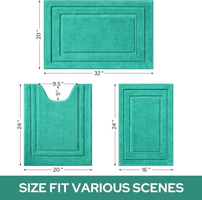 HOMEIDEAS Bathroom Rugs Sets 3 Piece, Super Soft and Absorbent Non Slip Microfiber Toilet Bath Mat with U-Shaped (Teal)