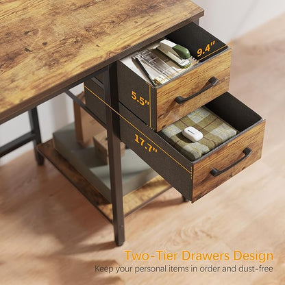 CubiCubi Computer Desk with 2 Drawers, 47 Inch Small Home Office Desk with Storage Study Writing Table, Rustic Brown
