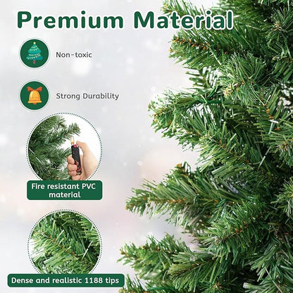 GOLFAME 7FT Pre-Lit Artificial Christmas Tree, Decorative Hinged Xmas Tree with 700 LED Lights, 1188 Branch Tips, Upgraded Metal Stand, Christmas Holiday Tree for Home Office Party