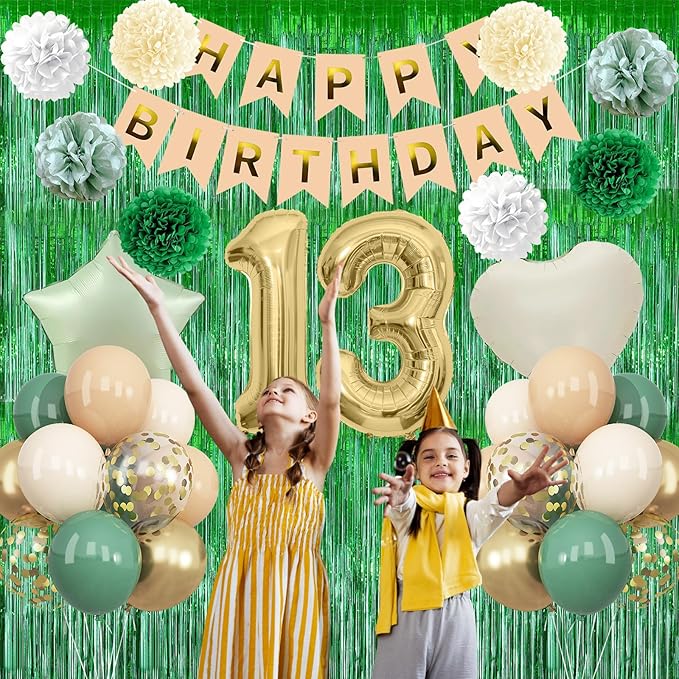 Sage Green 13th Birthday Decorations for Boys Girls Gold Number 13 Balloon Nude Gold Happy Birthday Banner Fringe Curtain Paper Pom Poms Olive Green Cream White Sand Star Foil Balloons Party Decor