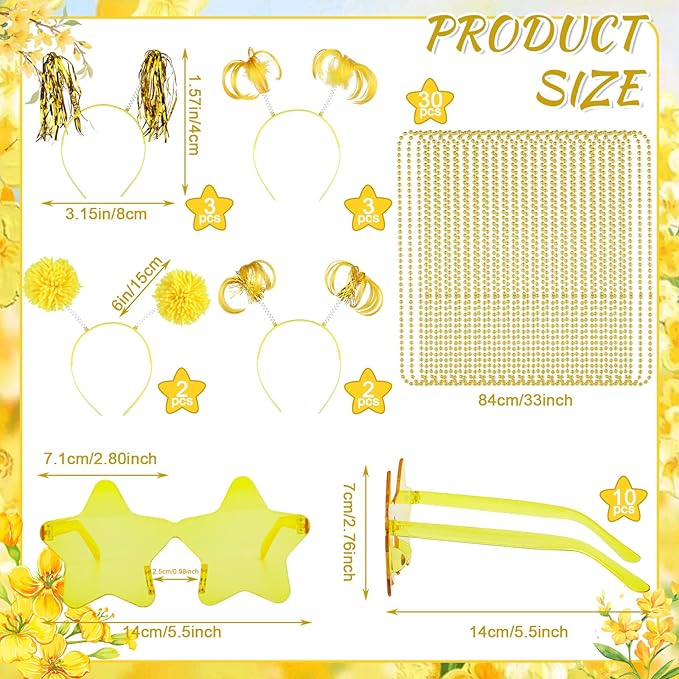 50 Pcs Gold Holiday Team Spirit Party Accessories Pom Pom Party Headbands Star Shape Sunglasses Bead Necklaces Stuff Favors for Birthday Wedding Supplies(Classic)