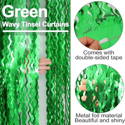 4 Pack Green Fringe Curtain Backdrop 3.2Ft x 8.2Ft Metallic Tinsel Foil Fringe Streamers Background for Photo Booth Mother's Day, Easter, Carnival, Birthday, Wedding Party Decoration