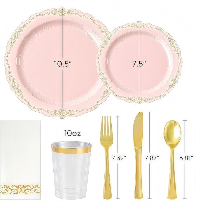 350 PCS Pink Disposable Plates, Elegant Dinnerware Set for 50 Guests, 100 Plastic Plates, 150 Silverware, 50 Cups & 50 Paper Napkins, Pink