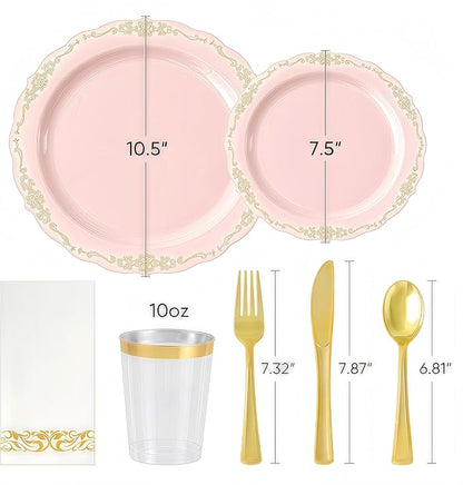 350 PCS Pink Disposable Plates, Elegant Dinnerware Set for 50 Guests, 100 Plastic Plates, 150 Silverware, 50 Cups & 50 Paper Napkins, Pink