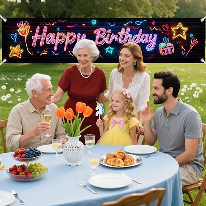 Nuxovilar Happy Birthday Banner Decorations 17.72x78.74 Inch Neon Gift Theme - Polyester for Indoor Outdoor Birthday Party Decor