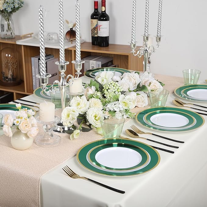 100Pack Plastic Plates Disposable Heavy Duty for Christmas Include 50PCS 10.25inch Dinner and 50PCS 7.5inch Dessert Plastic Plates for Party Wedding Birthday New Year,Green
