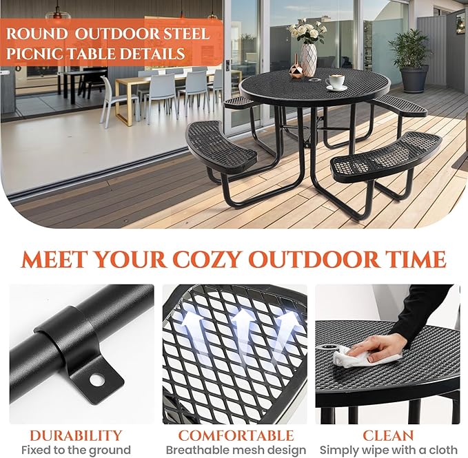 47'' Heavy-Duty Metal Picnic Tables with Umbrella Hole, Outdoor Steel Heavy Duty Commercial Grade Black Table, Outdoor Bench Set for Lawn, Patio, Park, Yard, Garden, Porch (Set A, Round)
