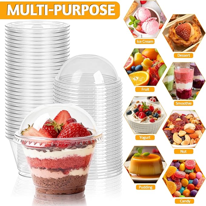 100 Sets 7oz Clear Plastic Cups with Dome Lids (No Hole), Disposable Dessert Cups for Fruit, Parfait, Pudding, Yogurt, Ice Cream, Snack, PET