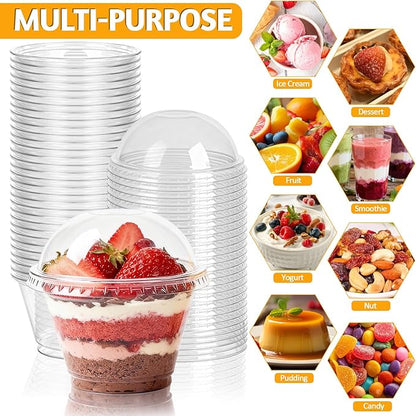 100 Sets 7oz Clear Plastic Cups with Dome Lids (No Hole), Disposable Dessert Cups for Fruit, Parfait, Pudding, Yogurt, Ice Cream, Snack, PET