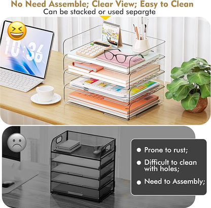 YKLSLH 4 Trays Paper Organizer Letter Tray - Acrylic Desk File Organizer, Stackable Clear Paper Holder Sorter Office Organizer for Letter/A4, Office File Ipad Books Notes Etc