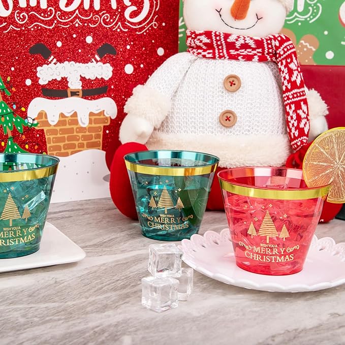 I00000 60PCS Merry Christmas Party Cups - Christmas Disposable Cups 9 Oz Green Party Cups Wine Glasses Gold Rim Clear Plastic Cocktail Cups Tumblers Drinking Cups for Xmas Parties