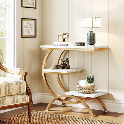Tribesigns C-Shaped End Table Set of 2, Industrial 3-Tier Small Side Table for Couch, Wood Bedside Table Snack Side Table with Storage Shelves for Living Room Small Space, White Gold