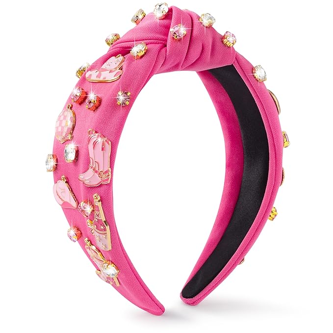 PANTIDE Western Jeweled Knotted Headband - Cowgirl Boots Hat Rhinestone Crystal Embellished Headband Wide Top Knot Fashion Hairband Hair Accessories Birthday Gift for Cowboy Women Girls (Hot Pink)