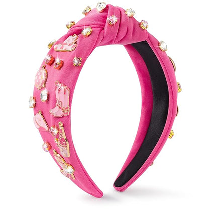 PANTIDE Western Jeweled Knotted Headband - Cowgirl Boots Hat Rhinestone Crystal Embellished Headband Wide Top Knot Fashion Hairband Hair Accessories Birthday Gift for Cowboy Women Girls (Hot Pink)