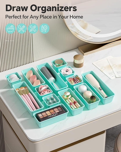 13 Pack Plastic Drawer Organizers Set, 3 Sizes Desk Drawer Organizer Trays for Vanity and Makeup Organizer, Organization and Storage for Makeup, Kitchen Utensils, Bathroom and Office(Blue)
